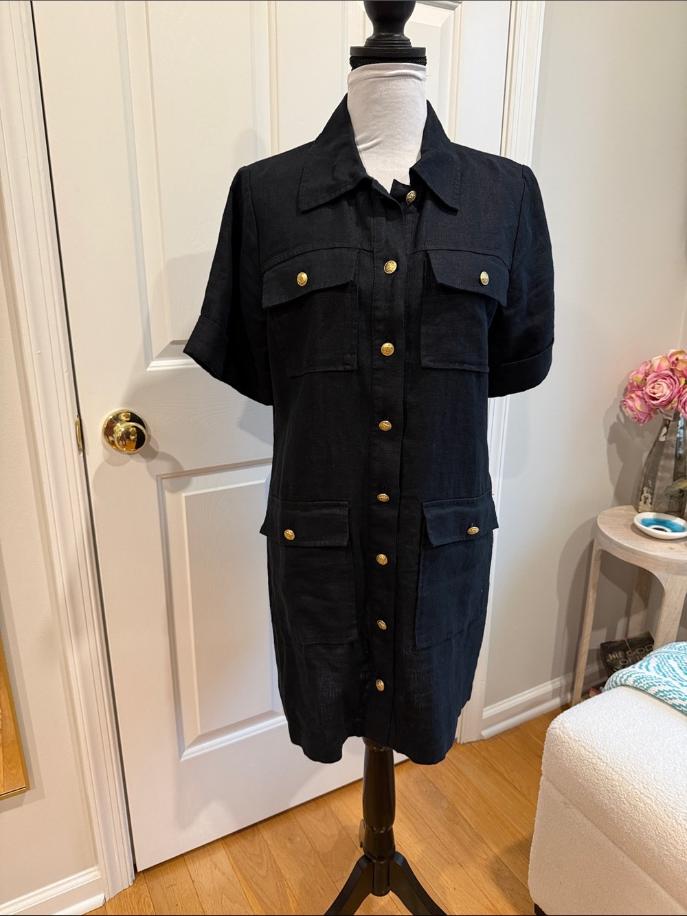 J. Crew Black Short-Sleeve Utility Linen Dress with Gold Buttons
